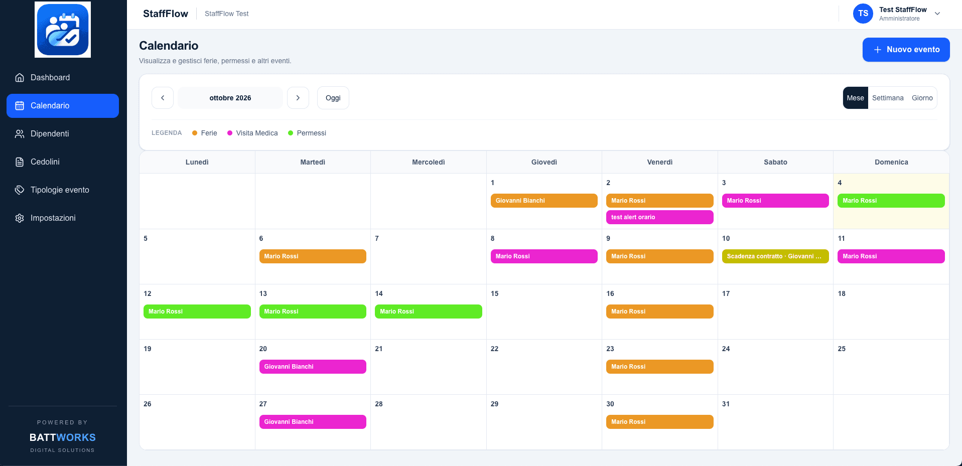 Interfaccia calendario StaffFlow